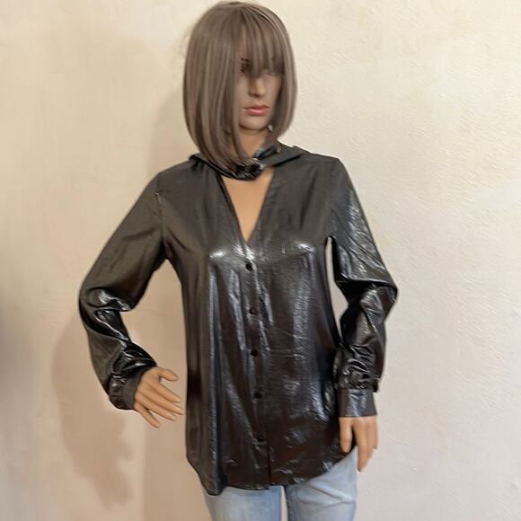 L’Agence Black Foiled Long Sleeve V Neck Tie Metallic Button Down Blouse Size XS - Picture 1 of 4